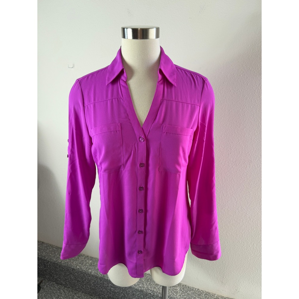 Express Portofino Shirt Womens Small Magenta Pink Button Down Blouse Roll Tab